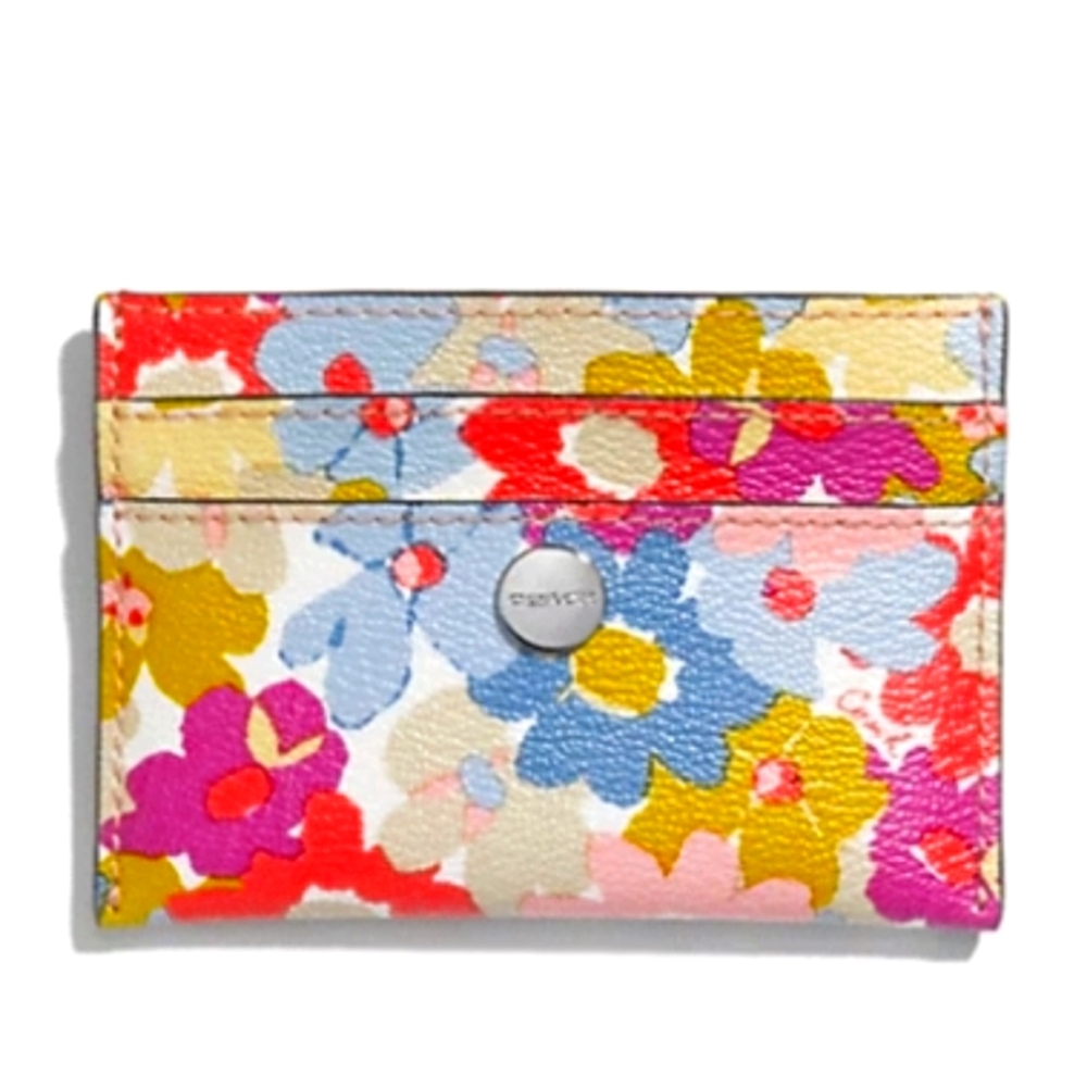 COACH- Peyton Floral Print Card Case / Holder (Multicolor/Silver) $89 retail